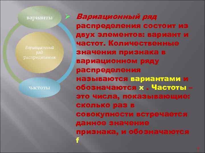  варианты Ø Вариационный ряд распределения состоит из двух элементов: вариант и Вариационный частот.