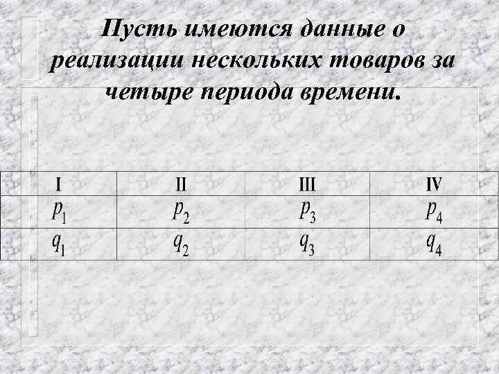 Пусть имеются данные о реализации нескольких товаров за четыре периода времени. 