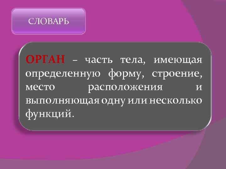 СЛОВАРЬ ОРГАН – часть тела, имеющая определенную форму, строение, место расположения и выполняющая одну