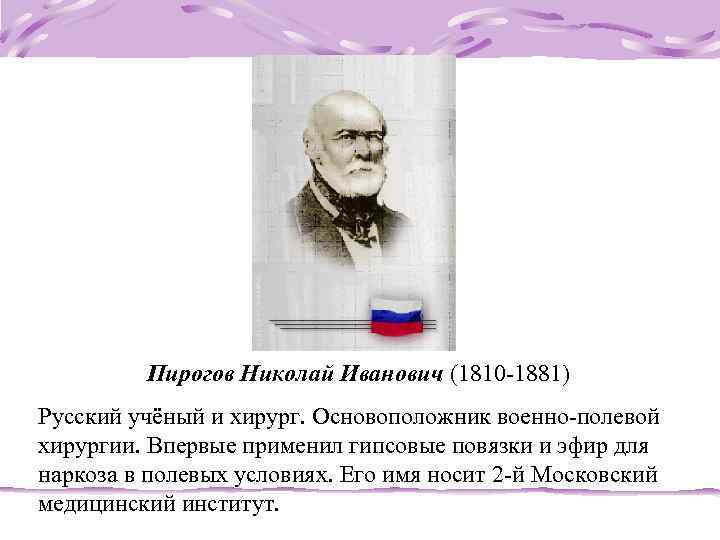  Пирогов Николай Иванович (1810 -1881) Русский учёный и хирург. Основоположник военно-полевой хирургии. Впервые