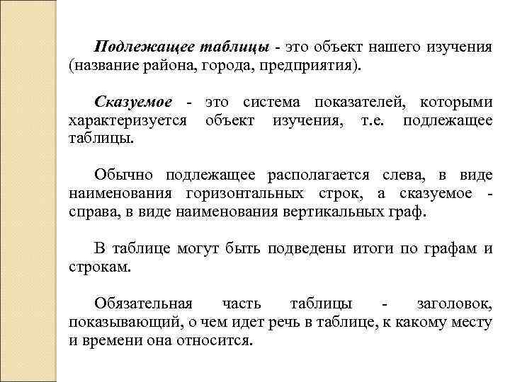Подлежащее таблицы - это объект нашего изучения (название района, города, предприятия). Сказуемое - это