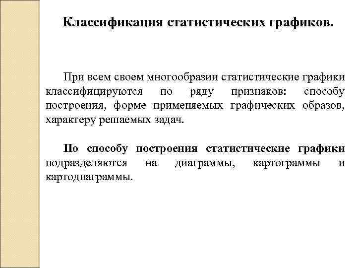 Классификация статистических графиков. При всем своем многообразии статистические графики классифицируются по ряду признаков: способу
