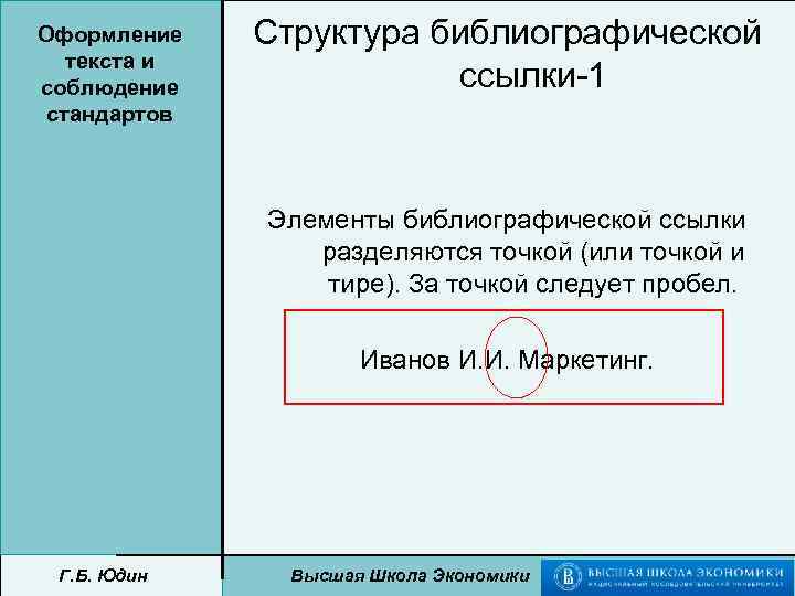 Оформление текста и соблюдение стандартов Структура библиографической ссылки-1 Элементы библиографической ссылки разделяются точкой (или