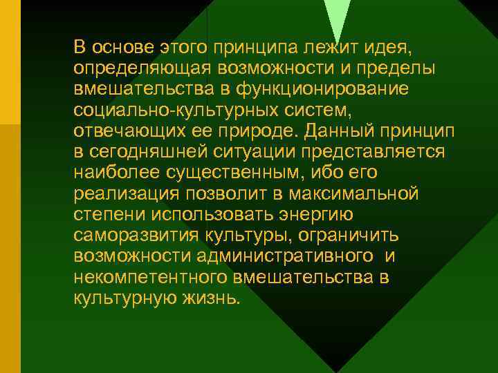В основе этого принципа лежит идея, определяющая возможности и пределы вмешательства в функционирование социально-культурных