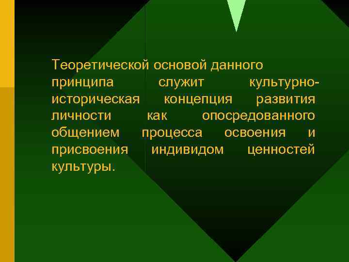 Теоретической основой данного принципа служит культурноисторическая концепция развития личности как опосредованного общением процесса освоения