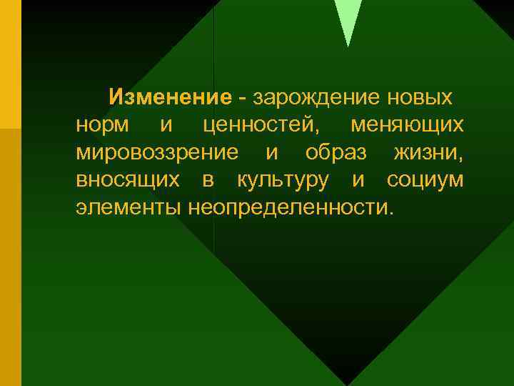 Изменение - зарождение новых норм и ценностей, меняющих мировоззрение и образ жизни, вносящих в