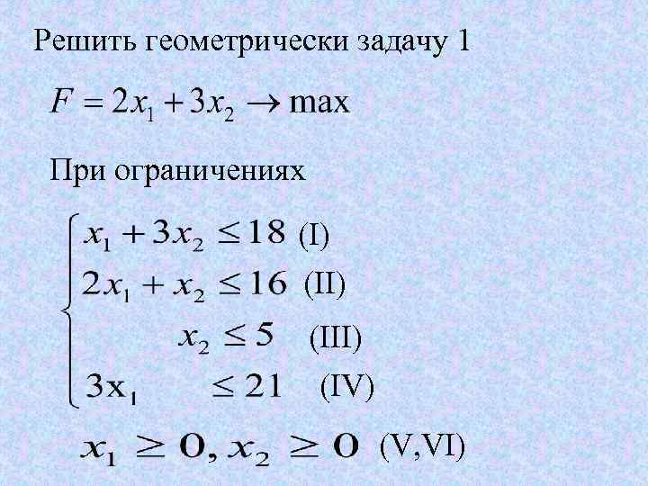 Решить геометрически задачу 1 При ограничениях (I) (III) (IV) (V, VI) 