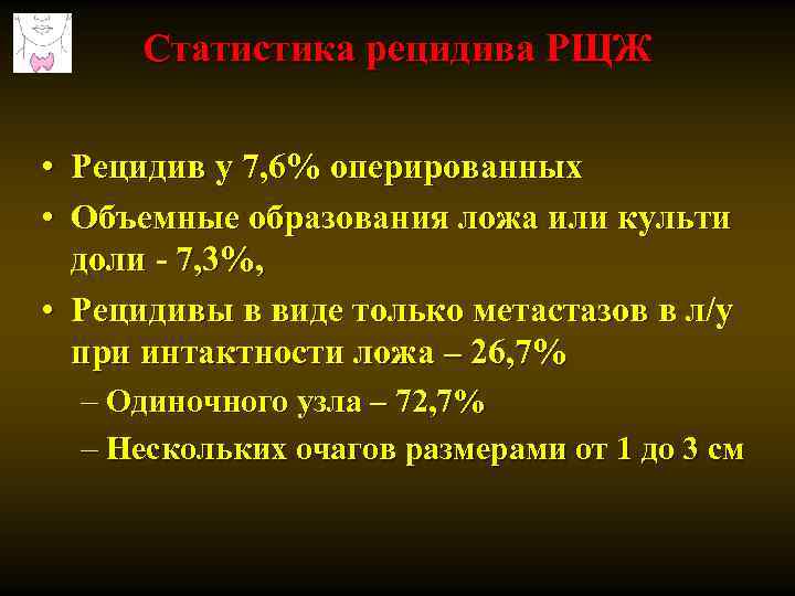 Статистика рецидива РЩЖ • Рецидив у 7, 6% оперированных • Объемные образования ложа или