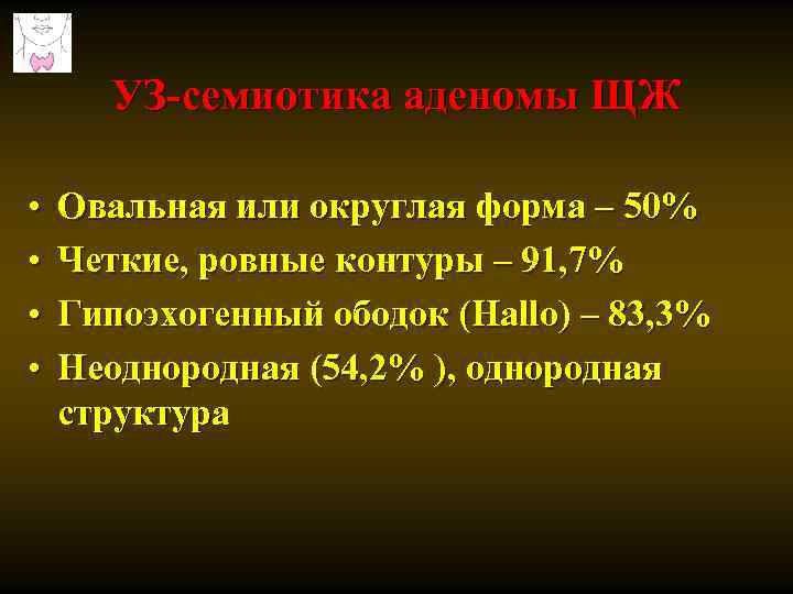 УЗ-семиотика аденомы ЩЖ • • Овальная или округлая форма – 50% Четкие, ровные контуры