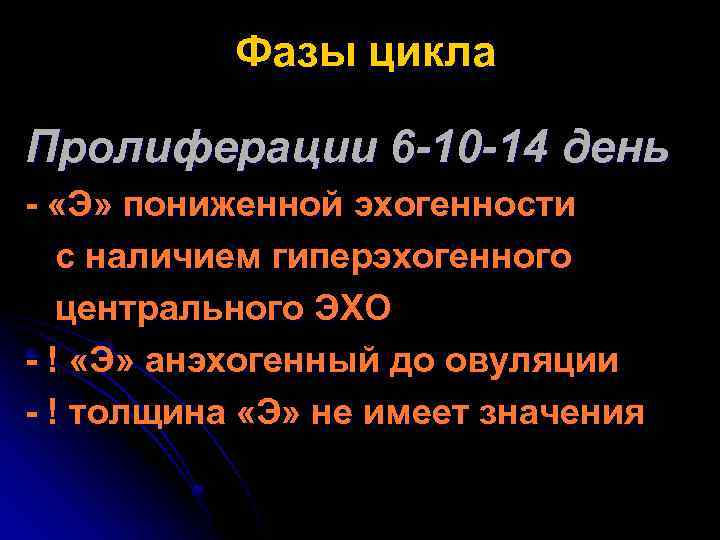 Фазы цикла Пролиферации 6 -10 -14 день - «Э» пониженной эхогенности с наличием гиперэхогенного