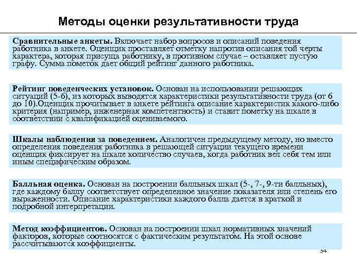 Методы оценки результативности труда Сравнительные анкеты. Включает набор вопросов и описаний поведения работника в