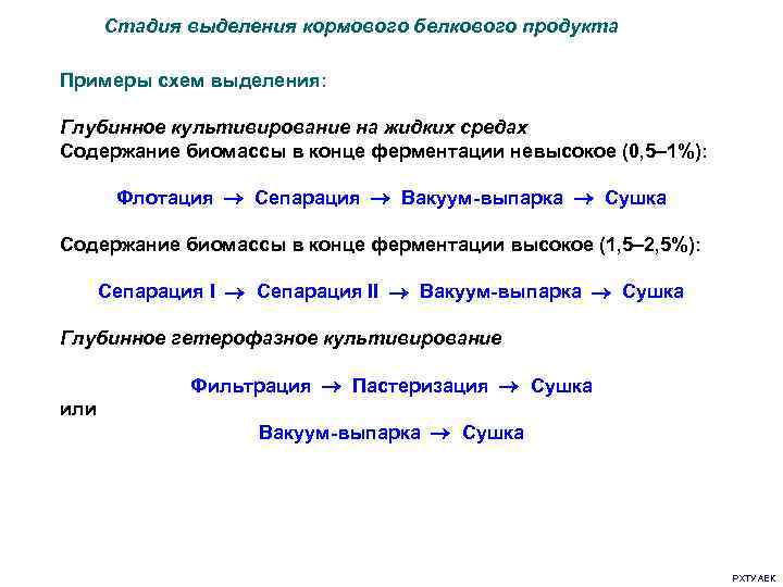  Стадия выделения кормового белкового продукта Примеры схем выделения: Глубинное культивирование на жидких средах