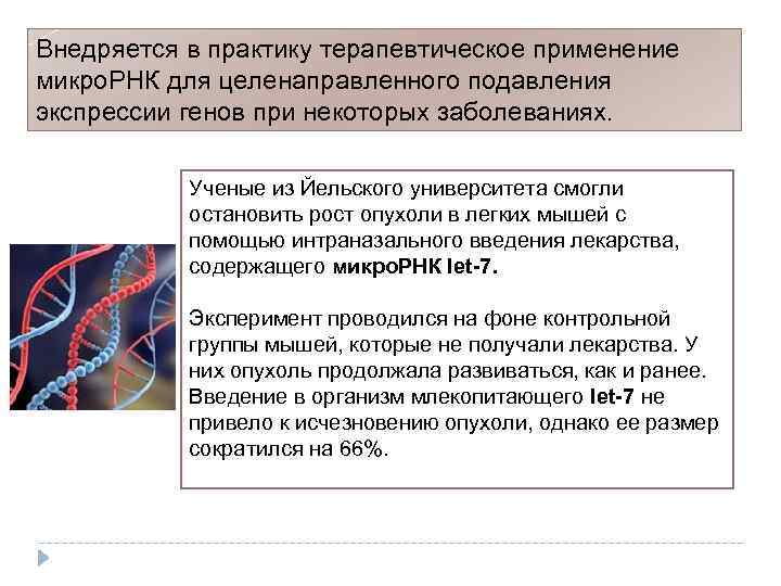 Внедряется в практику терапевтическое применение микро. РНК для целенаправленного подавления экспрессии генов при некоторых