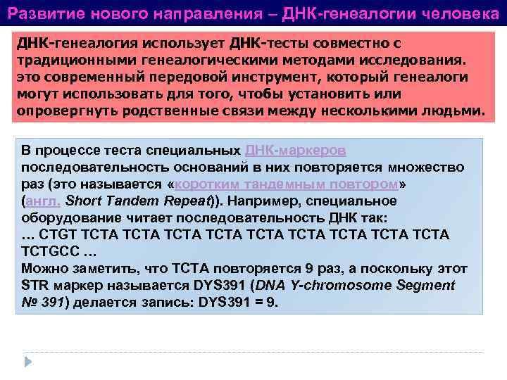 Развитие нового направления – ДНК-генеалогии человека ДНК-генеалогия использует ДНК-тесты совместно с традиционными генеалогическими методами