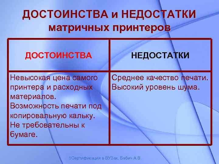 ДОСТОИНСТВА и НЕДОСТАТКИ матричных принтеров ДОСТОИНСТВА Невысокая цена самого принтера и расходных материалов. Возможность