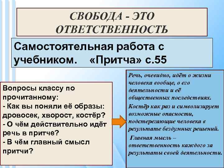 СВОБОДА - ЭТО ОТВЕТСТВЕННОСТЬ Самостоятельная работа с учебником. «Притча» с. 55 Вопросы классу по