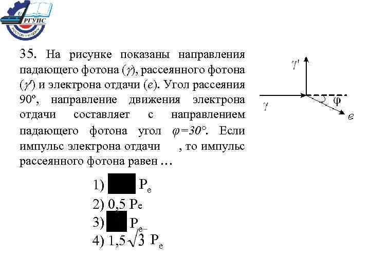 На рисунке показаны направления падающего фотона рассеянного фотона и электрона отдачи угол 90