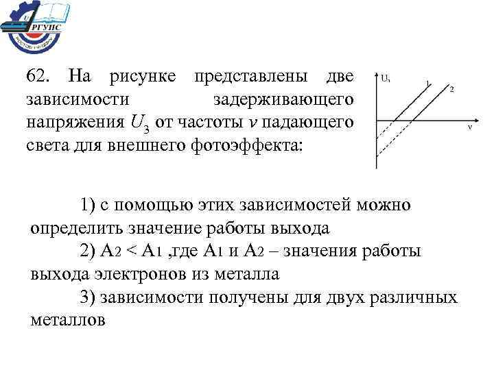 62. На рисунке представлены две зависимости задерживающего напряжения U 3 от частоты v падающего