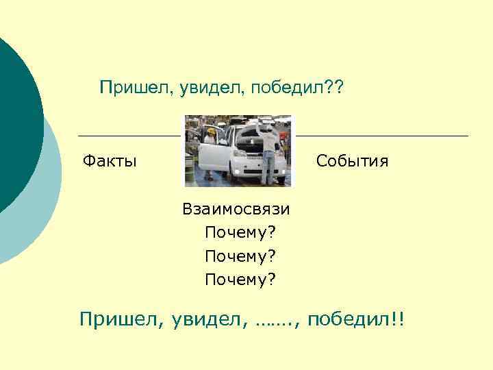 Пришел, увидел, победил? ? Факты События Взаимосвязи Почему? Пришел, увидел, ……. , победил!! 