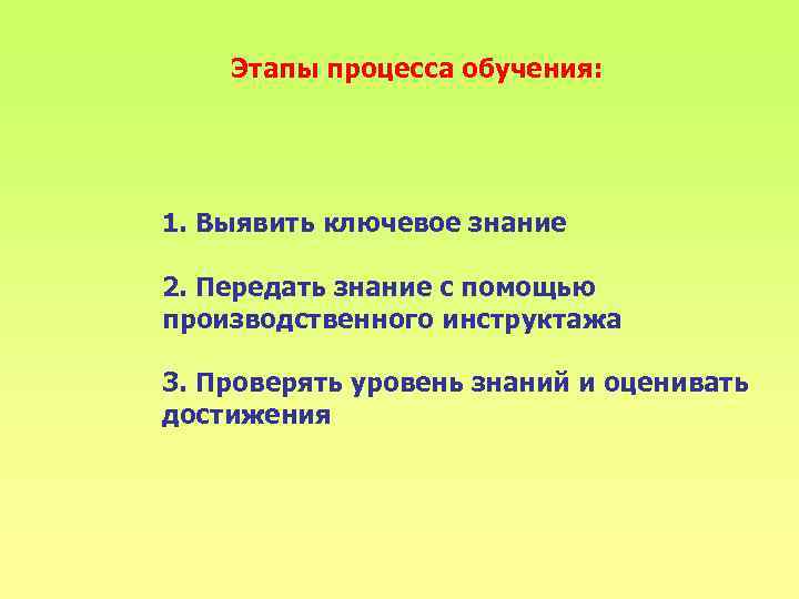 Этапы процесса обучения: 1. Выявить ключевое знание 2. Передать знание с помощью производственного инструктажа