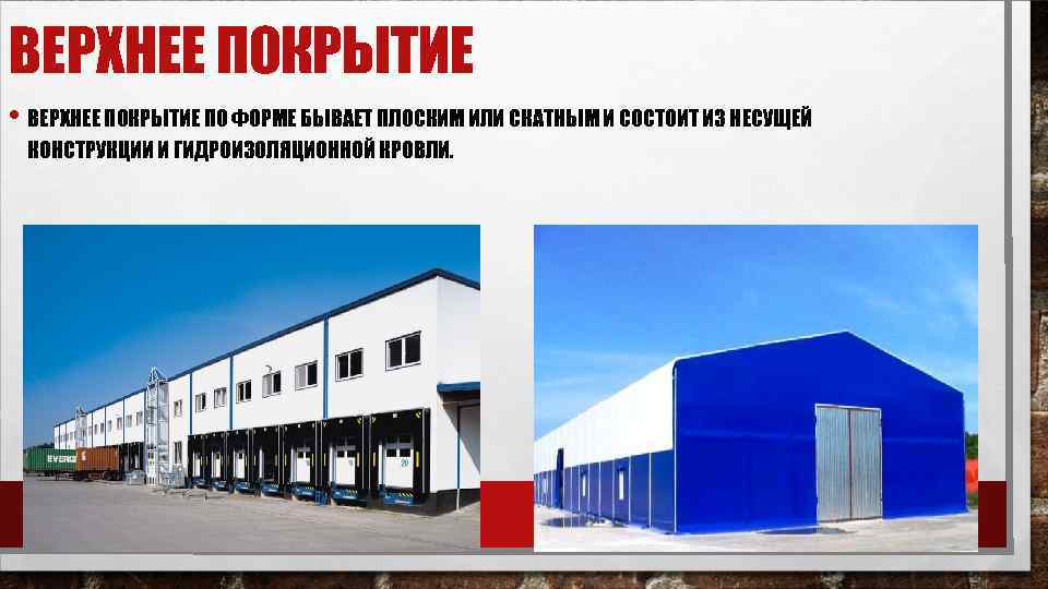 ВЕРХНЕЕ ПОКРЫТИЕ • ВЕРХНЕЕ ПОКРЫТИЕ ПО ФОРМЕ БЫВАЕТ ПЛОСКИМ ИЛИ СКАТНЫМ И СОСТОИТ ИЗ