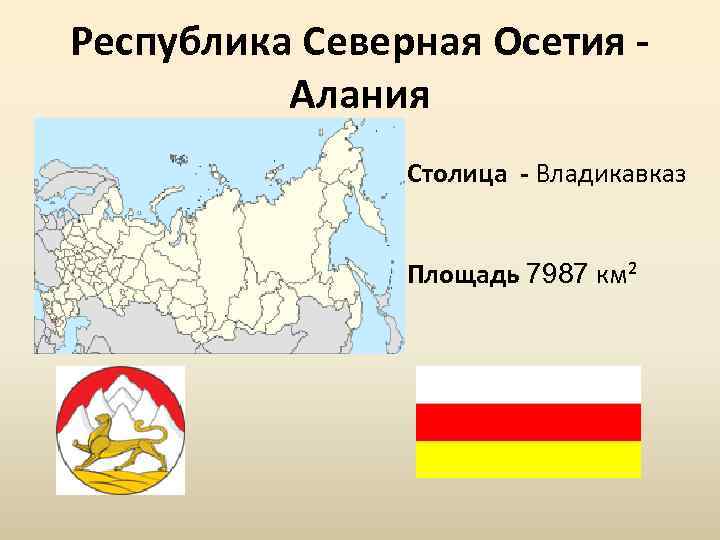 Республика Северная Осетия Алания Столица - Владикавказ Площадь 7987 км² 