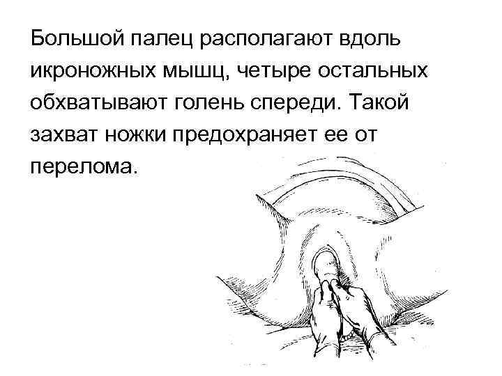 Большой палец располагают вдоль икроножных мышц, четыре остальных обхватывают голень спереди. Такой захват ножки