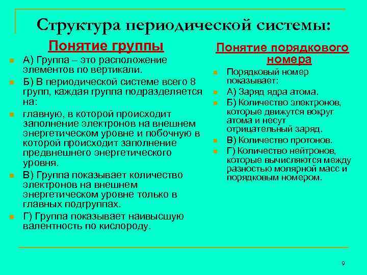 Структура периодической системы: Понятие группы n n n А) Группа – это расположение элементов