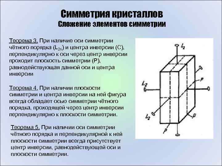 Симметрия кристаллов Сложение элементов симметрии Теорема 3. При наличие оси симметрии чётного порядка (L