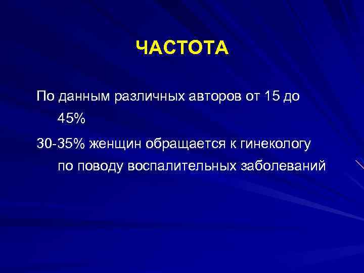 ЧАСТОТА По данным различных авторов от 15 до 45% 30 -35% женщин обращается к