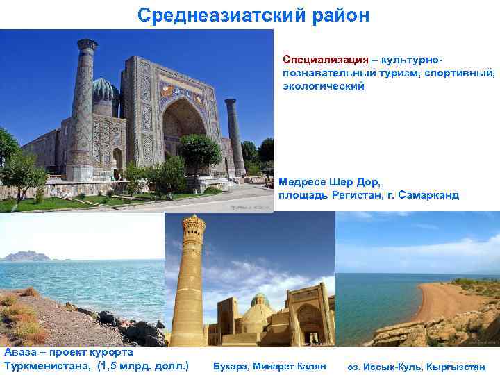 Среднеазиатский район Специализация – культурнопознавательный туризм, спортивный, экологический Медресе Шер Дор, площадь Регистан, г.