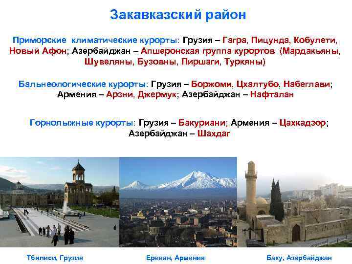 Закавказский район Приморские климатические курорты: Грузия – Гагра, Пицунда, Кобулети, Новый Афон; Азербайджан –