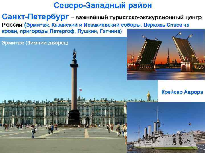 Северо-Западный район Санкт-Петербург – важнейший туристско-экскурсионный центр России (Эрмитаж, Казанский и Исаакиевский соборы, Церковь