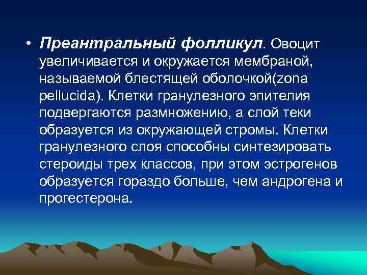  • Преантральный фолликул. Овоцит увеличивается и окружается мембраной, называемой блестящей оболочкой(zona pellucida). Клетки
