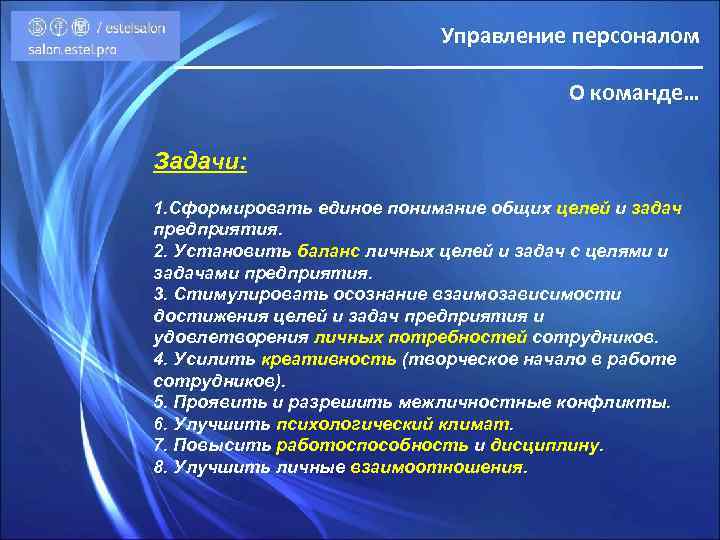 Управление персоналом О команде… Задачи: 1. Сформировать единое понимание общих целей и задач предприятия.
