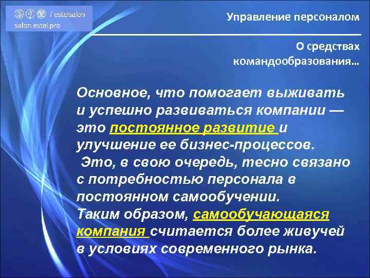 Управление персоналом О средствах командообразования… Основное, что помогает выживать и успешно развиваться компании —