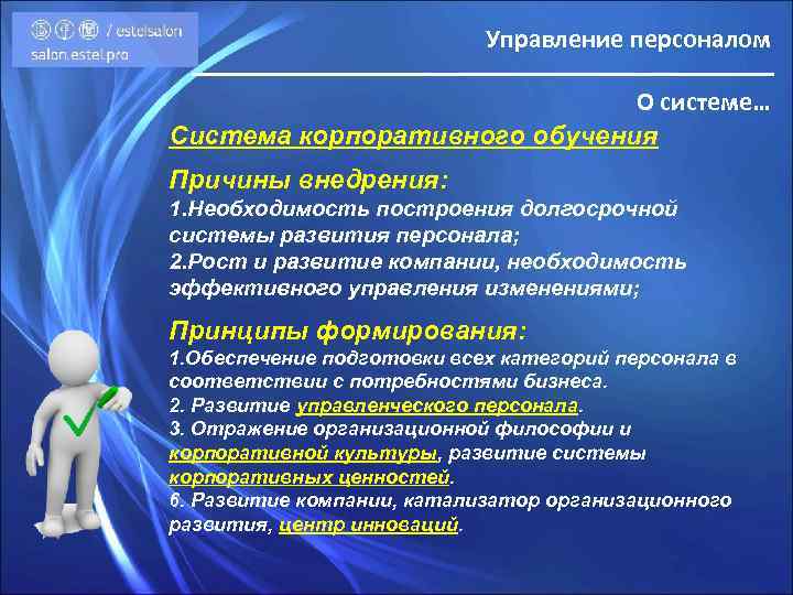 Управление персоналом О системе… Система корпоративного обучения Причины внедрения: 1. Необходимость построения долгосрочной системы
