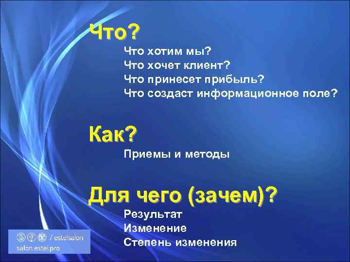 Что? Что хотим мы? Что хочет клиент? Что принесет прибыль? Что создаст информационное поле?