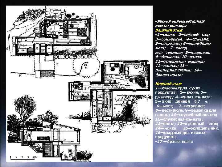  • Жилой одноквартирный дом на рельефе Верхний этаж • 1—скала; 2—зимний сад; 3—бойлерная;