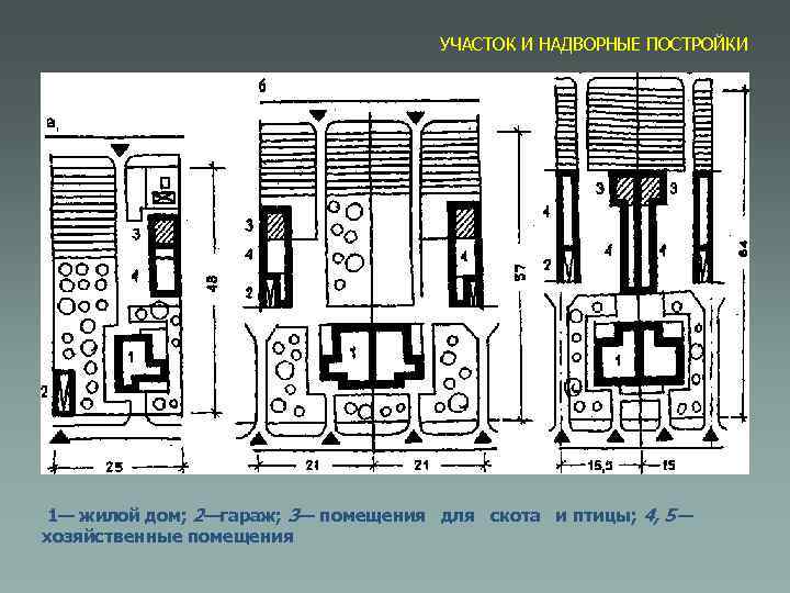 УЧАСТОК И НАДВОРНЫЕ ПОСТРОЙКИ 1— жилой дом; 2—гараж; 3— помещения для скота и птицы;