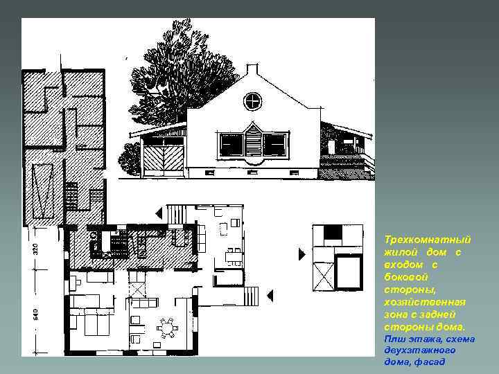 Трехкомнатный жилой дом с входом с боковой стороны, хозяйственная зона с задней стороны дома.