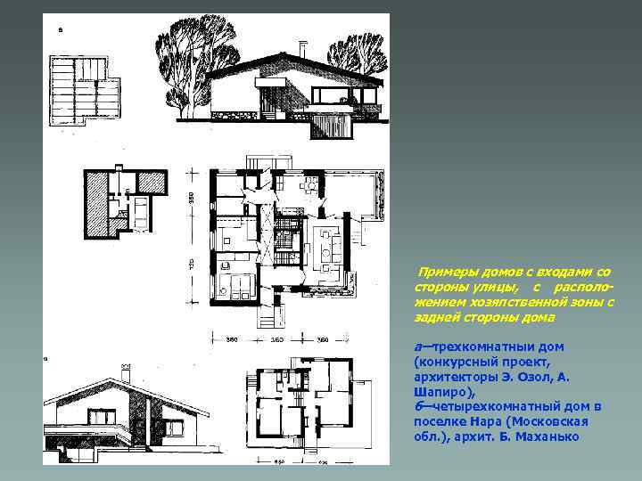 Примеры домов с входами со стороны улицы, с расположением хозяпственной зоны с задней стороны