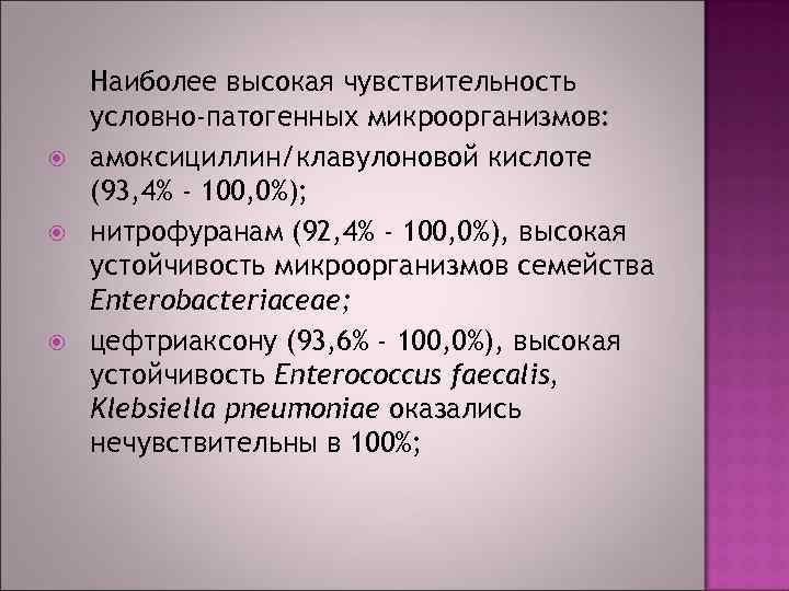  Наиболее высокая чувствительность условно-патогенных микроорганизмов: амоксициллин/клавулоновой кислоте (93, 4% - 100, 0%); нитрофуранам