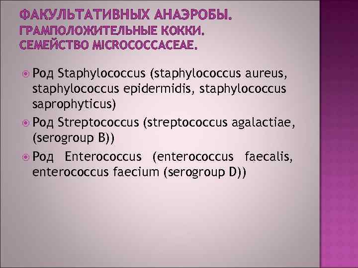 ФАКУЛЬТАТИВНЫХ АНАЭРОБЫ. ГРАМПОЛОЖИТЕЛЬНЫЕ КОККИ. СЕМЕЙСТВО MICROCOCCACEAE. Род Staphylococcus (staphylococcus aureus, staphylococcus epidermidis, staphylococcus saprophyticus)