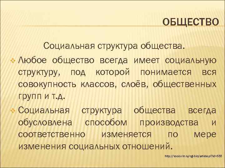 ОБЩЕСТВО Социальная структура общества. v Любое общество всегда имеет социальную структуру, под которой понимается