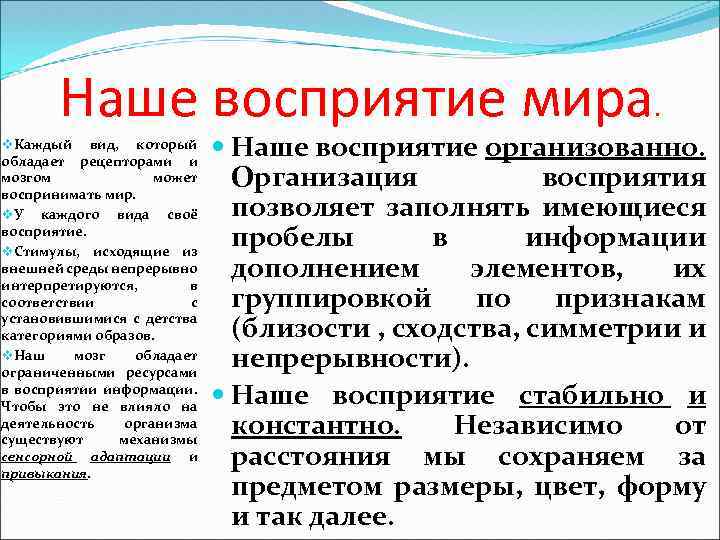 Наше восприятие мира. v. Каждый вид, который обладает рецепторами и мозгом может воспринимать мир.