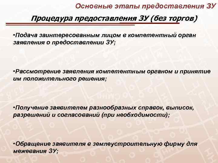 Основные этапы предоставления ЗУ Процедура предоставления ЗУ (без торгов) • Подача заинтересованным лицом в