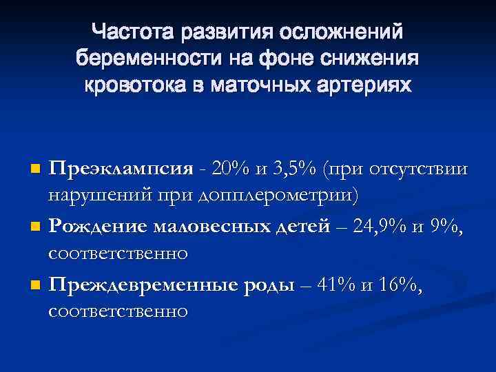 Частота развития осложнений беременности на фоне снижения кровотока в маточных артериях Преэклампсия - 20%