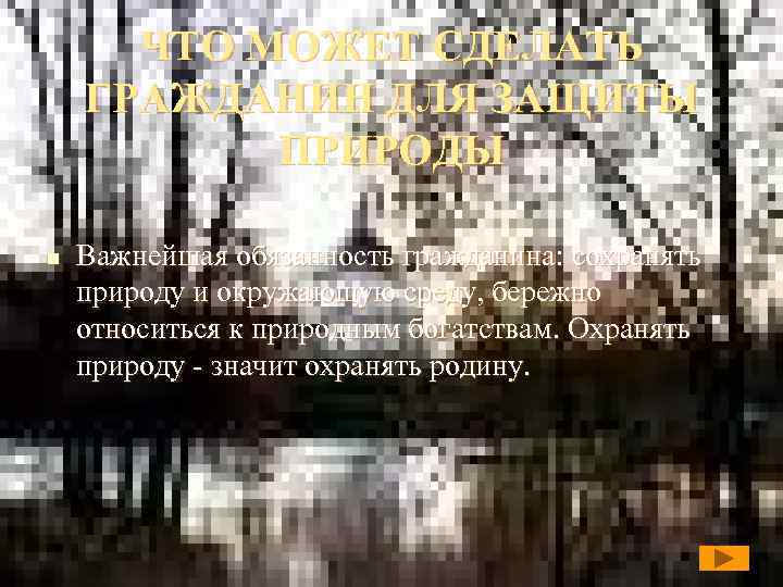 ЧТО МОЖЕТ СДЕЛАТЬ ГРАЖДАНИН ДЛЯ ЗАЩИТЫ ПРИРОДЫ n Важнейшая обязанность гражданина: сохранять природу и