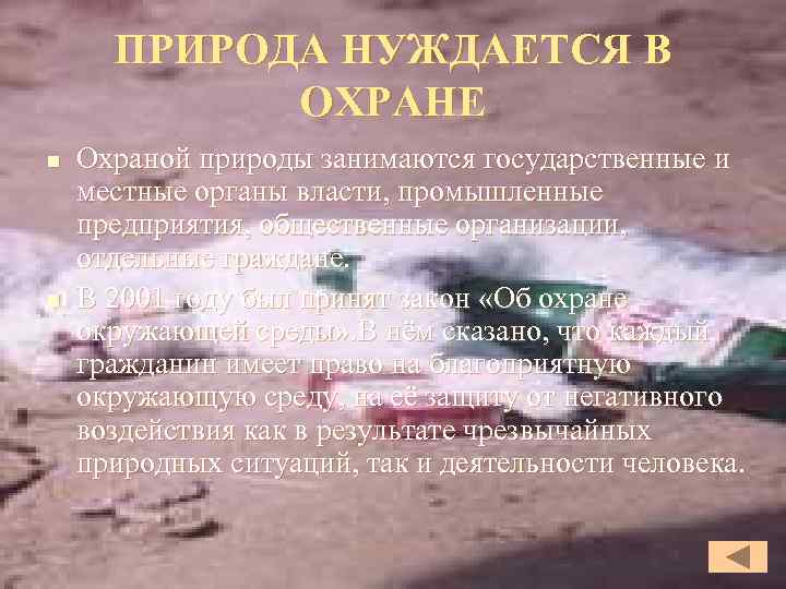 ПРИРОДА НУЖДАЕТСЯ В ОХРАНЕ n n Охраной природы занимаются государственные и местные органы власти,